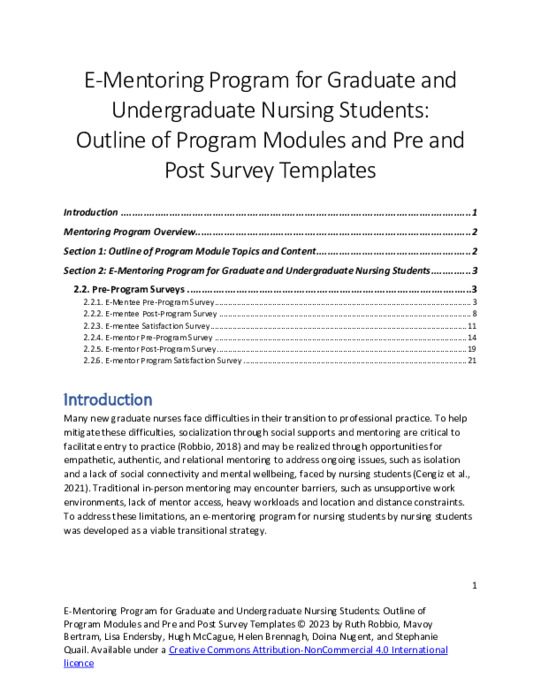 E-Mentoring Program for Graduate and Undergraduate Nursing Students:  Outline of Program Modules and Pre and Post Survey Templates