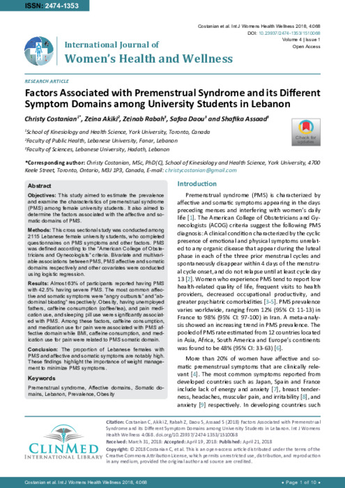 Factors Associated with Premenstrual Syndrome and its Different Symptom  Domains among University Students in Lebanon