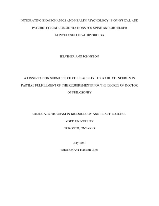 Integrating Biomechanics and Health Psychology: Biophysical and Psychological  Considerations for Spine and Shoulder Musculoskeletal Disorders